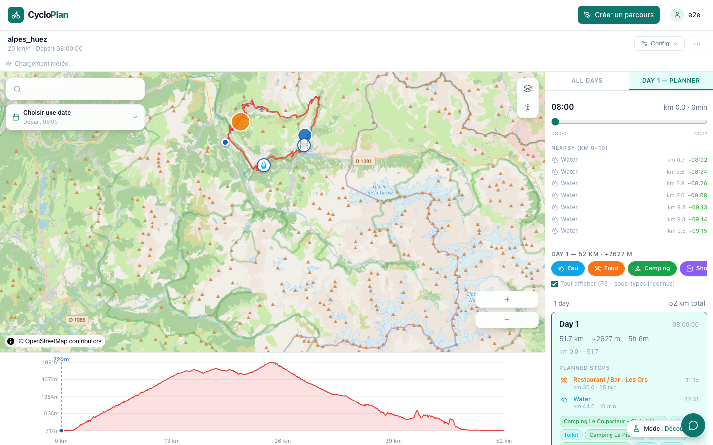 Studio web CycloPlan : planification de l'itinéraire de l'Alpe d'Huez avec carte, profil altimétrique et points d'intérêt